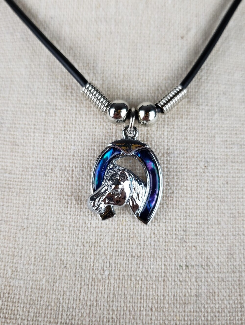 Silver Horse Head Horseshoe Pendant Necklace With Paua Shell Abalone